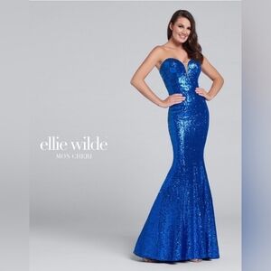 NWT Ellie Wilde Mon Cheri Strapless Royal Blue Sequin Fit & Flare Gown